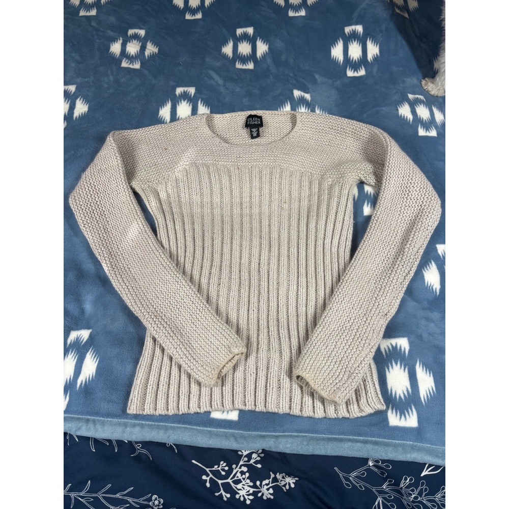 Eileen Fisher Italian Yarn Ribbed Mixed Knit Sweater Beige XS